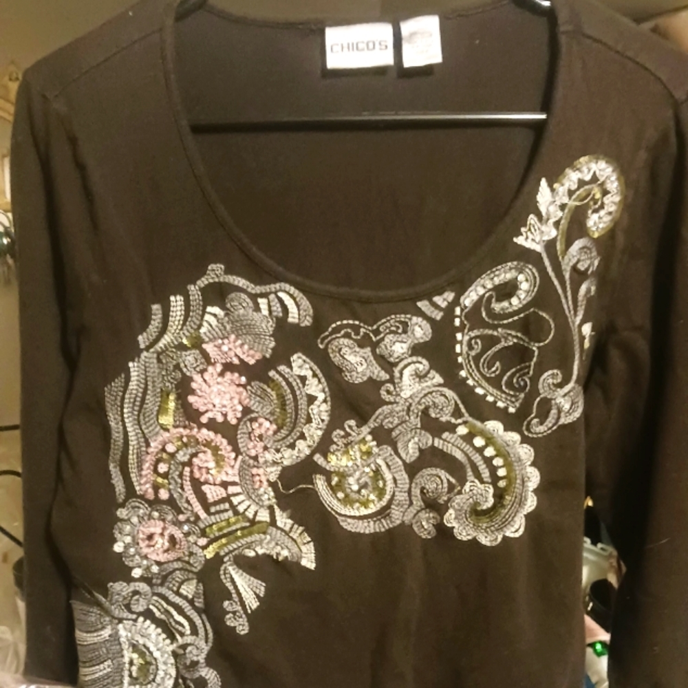 Chicos knit 3/4  sleeve top adorned lovely sequin and beadwork